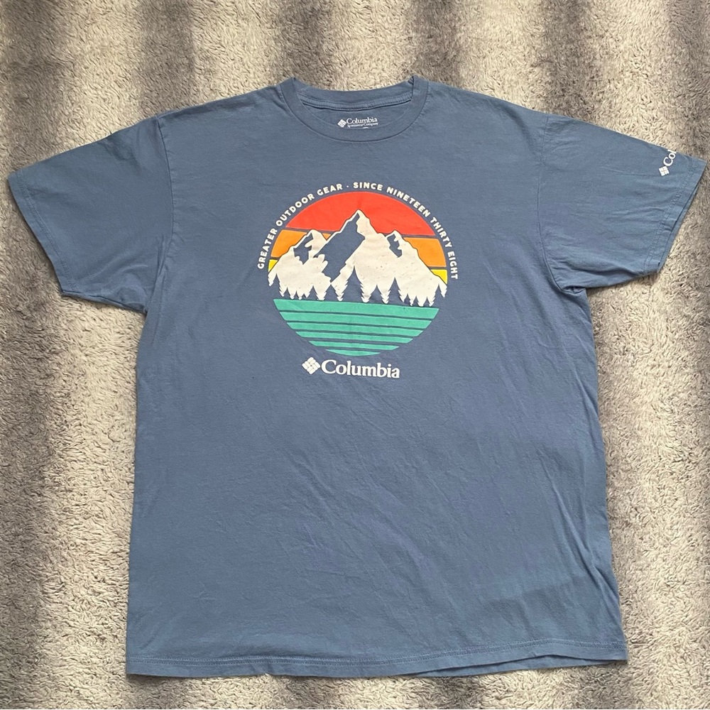 Columbia Mountain & Trees Tee Shirt Mens XL Blue Orange Green Regular Fit